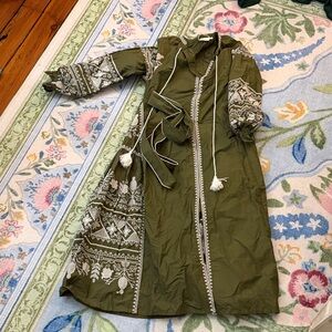 Julia Amory Olive Green tassel Embroidered Women's couteau dress small w belt